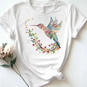 Hummingbird Graphic Colorful Design White Cotton Tee Shirt Women’s Plus Size XL